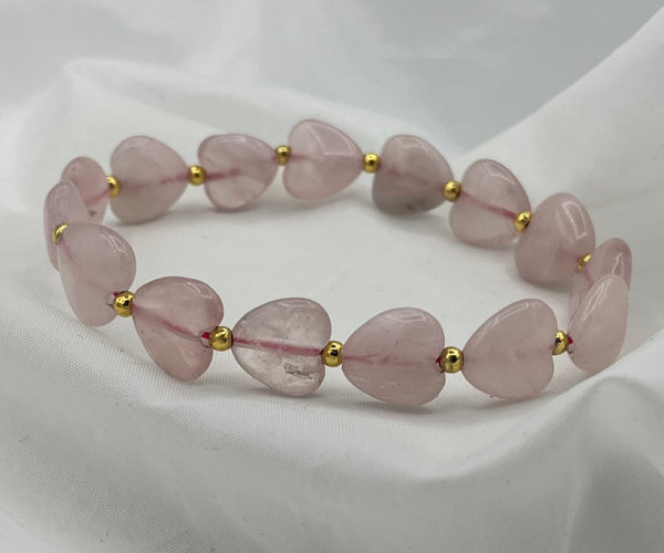 Natural Rose Quartz Gemstone Puffed Heart and Goldtone Beaded Stretch Bracelet