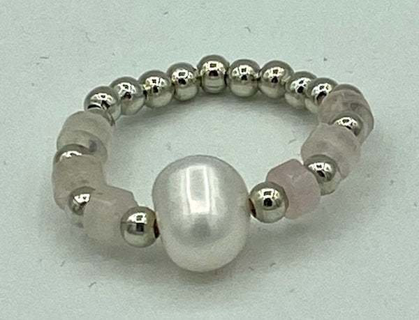 Natural Rose Quartz Gemstone Rondelle and White Pearl Beaded Stretch Ring