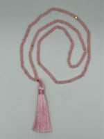 Natural Rose Quartz Gemstone Rondelle Beaded Long Necklace with Tassel Pendant