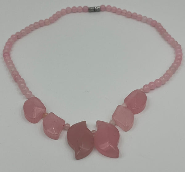 Natural Rose Quartz Gemstone 6MM Round and Carved Leaves Beaded Necklace