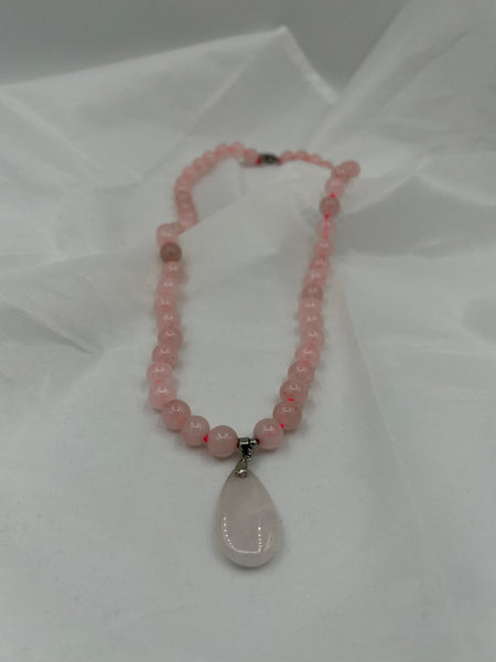 Natural Rose Quartz Gemstone Round Beaded Necklace with Teardrop Pendant