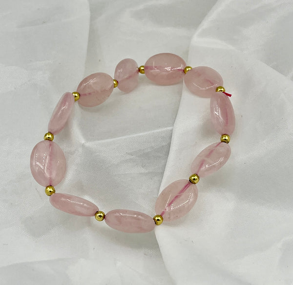 Natural Rose Quartz Gemstone Oval and Gold Tone Beaded Stretch Bracelet