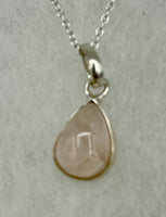 Natural Rose Quartz Gemstone Teardrop Cabochon Sterling Silver Pendant on Chain