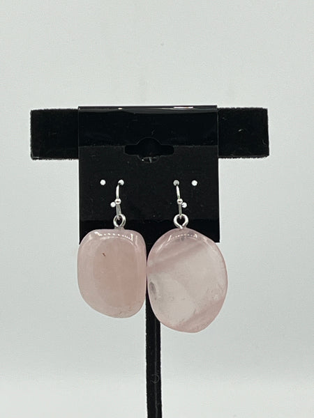 Natural Rose Quartz Gemstone Tumbled Rectangle Sterling Silver Dangle Earrings