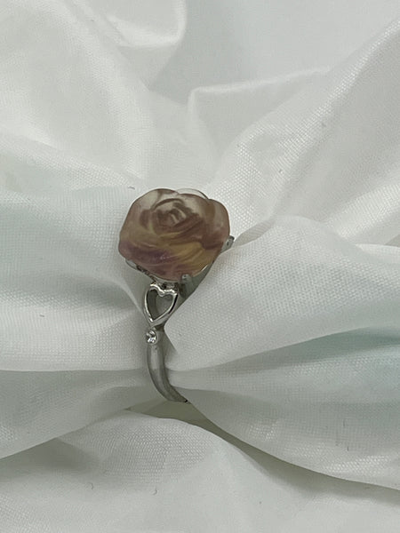 Natural Aventurine Gemstone 3D Rose Flower Silvertone Adjustable Ring