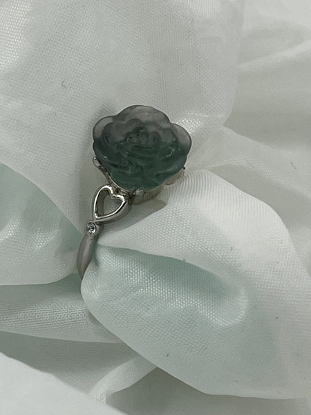 Natural Green Aventurine Gemstone Carved 3D Rose Flower Adjustable Ring