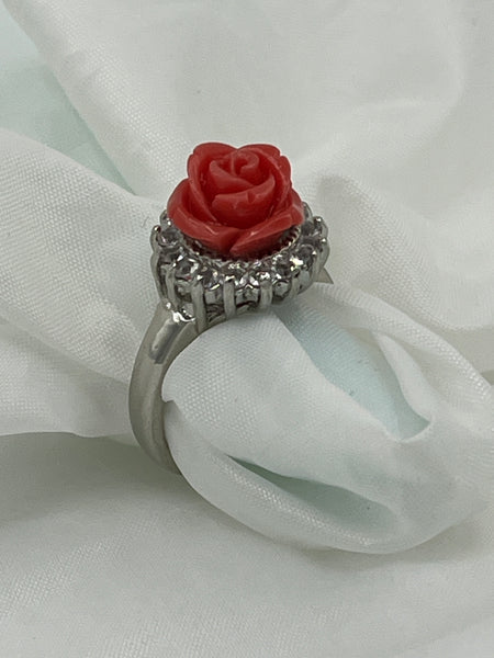 Natural Red Coral Gemstone 3D Carved Rose Flower Adjustable Ring