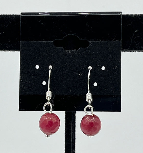 Natural Ruby Gemstone Faceted 8MM Round Bead Sterling Silver Dangle Earrings