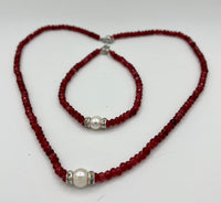 Natural Ruby Gemstone Rondelle and Pearl Beaded Necklace and Bracelet Set