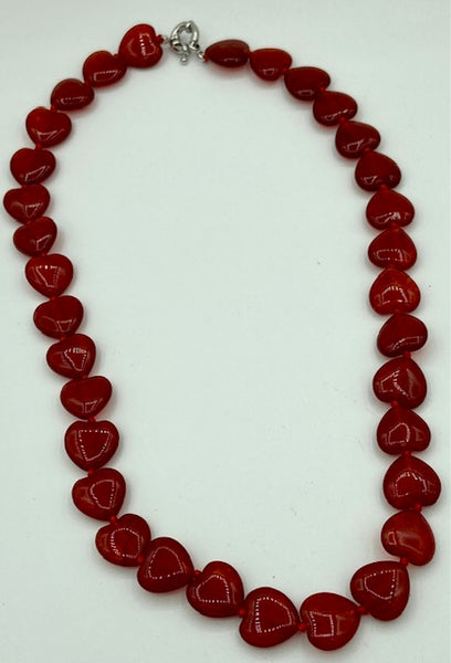 Natural Ruby Gemstone Puffed Hearts Beaded Necklace