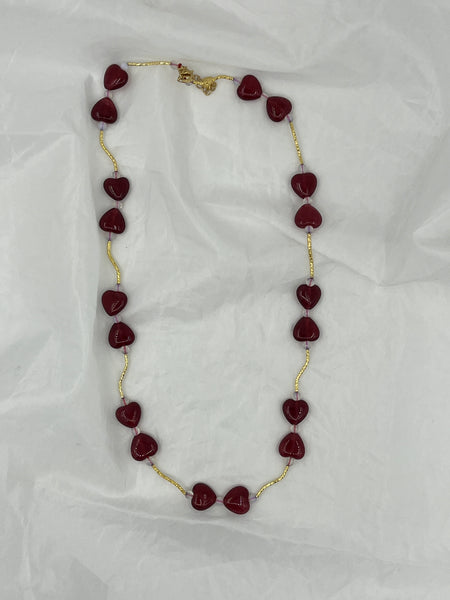 Natural Ruby Gemstone Heart and Round Beaded Gold Tone Adjustable Necklace