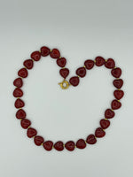 Natural Ruby Gemstone Puffed Heart and Gold Tone Beaded Necklace