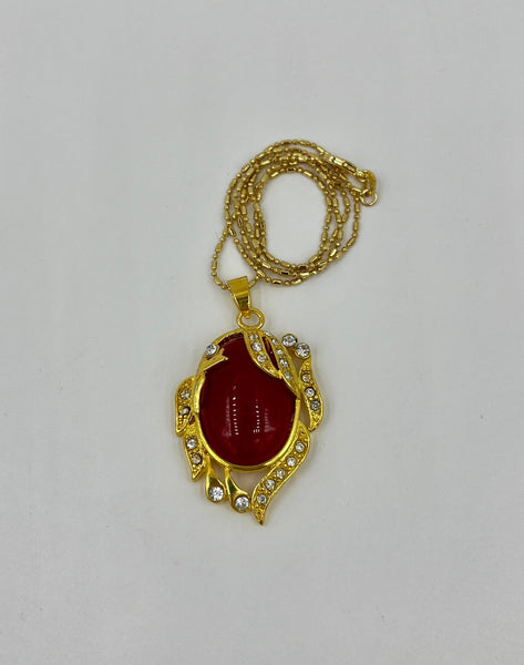 Natural Ruby Gemstone Oval Cabochon Gold Tone Pendan on Chain Necklace