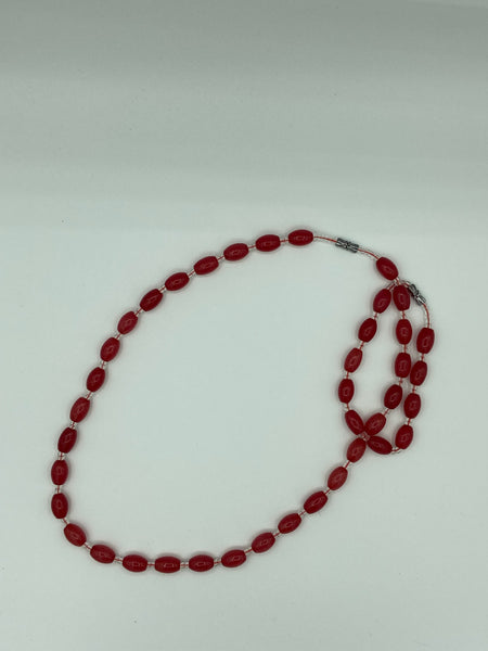 Natural Ruby Gemstone Rice and Clear Glass Beaded Necklace and Bracelet Set