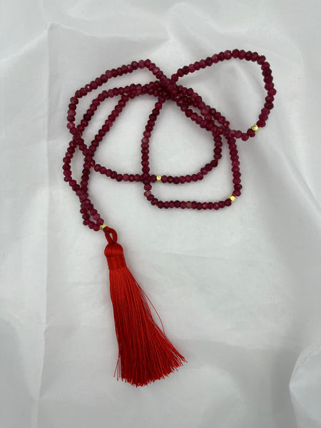 Natural Ruby Gemstone Faceted Rondelle Long Beaded Necklace with Tassel Pendant