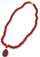 Natural Ruby Gemstone Round Beaded Necklace with Teardrop Pendant