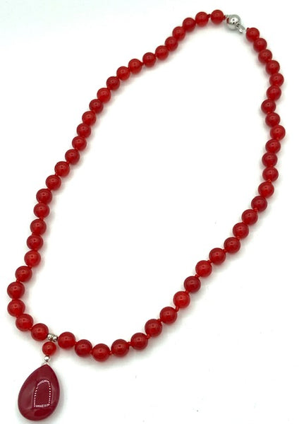 Natural Ruby Gemstone Round Beaded Necklace with Teardrop Pendant