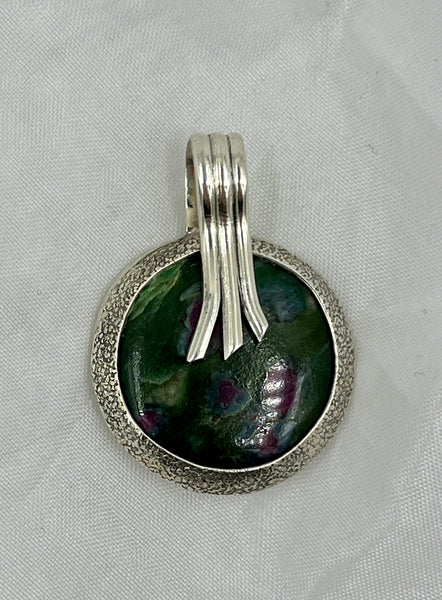 Natural Ruby Zoisite Gemstone Round Sterling Silver Pendant