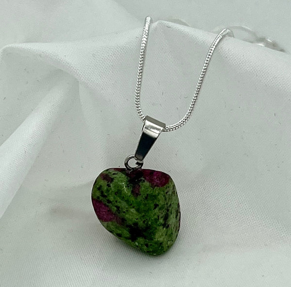 Natural Ruby Zoisite Gemstone Tumbled Pendant on Silvertone Snake Chain