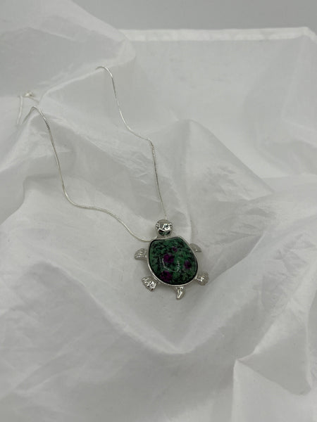Natural Ruby Zoisite Gemstone Turtle Pendant on Silver Tone Chain Necklace
