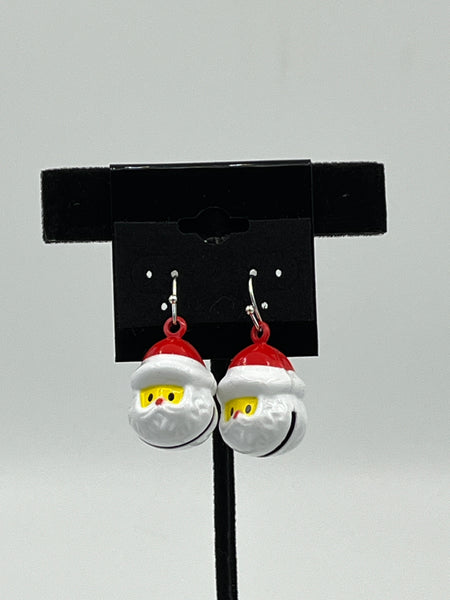 Enameled Metal 3D Christmas Santa Claus Head Jingle Bell Dangle Earrings