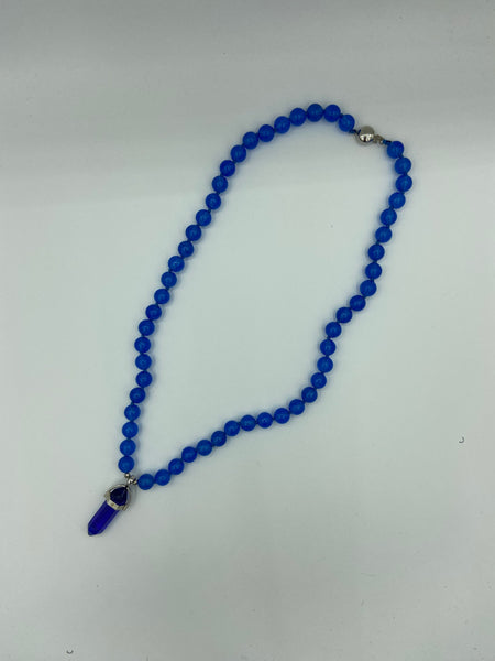 Natural Sapphire Gemstone Round Beaded Necklace with Point Pendant