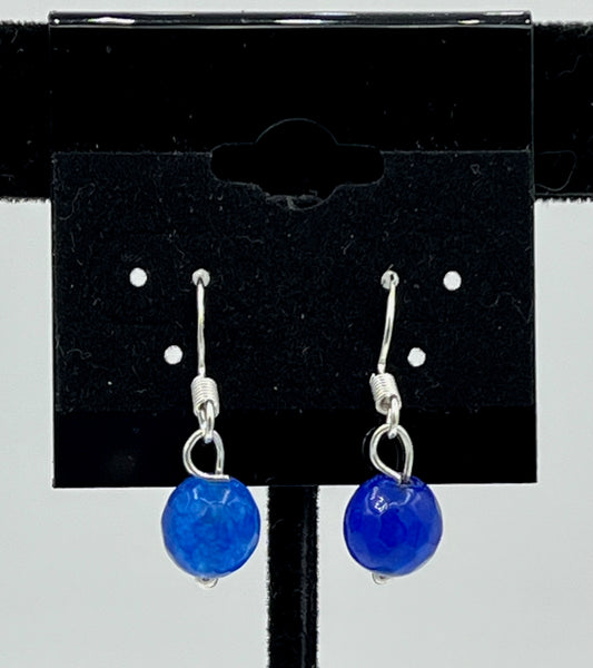 Natural Sapphire Gemstone 8MM Faceted Round Bead Sterling Silver Dangle Earrings