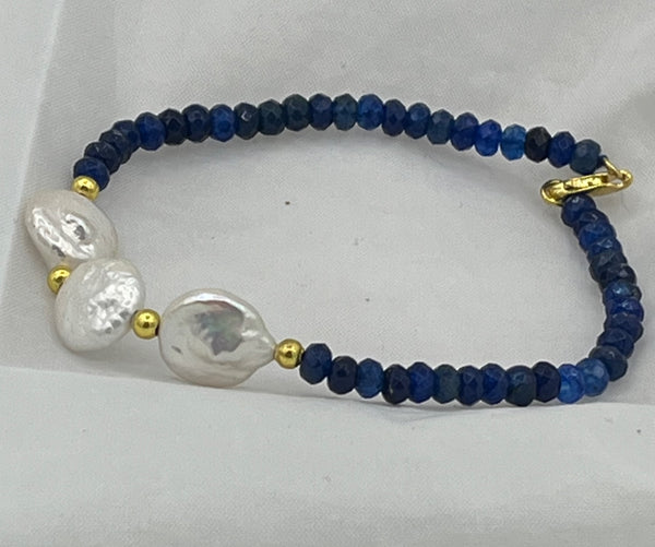 Natural Sapphire Faceted Rondelle and White Coin Pearl Gemstone Beaded Bracelet