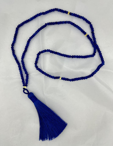Natural Sapphire Gemstone Rondelle Long Beaded Necklace with Tassel Pendant