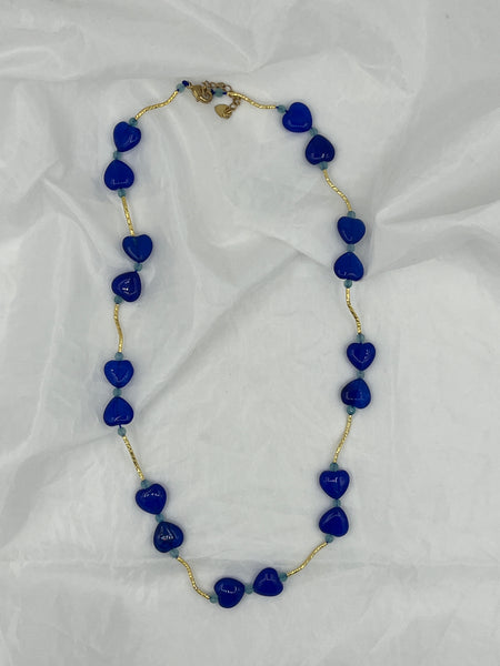 Natural Sapphire Gemstone Heart and Round Beaded Gold Tone Adjustable Necklace