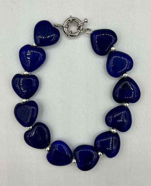 Natural Sapphire Gemstone Puffed Heart and Silvertone Accent Beaded Bracelet
