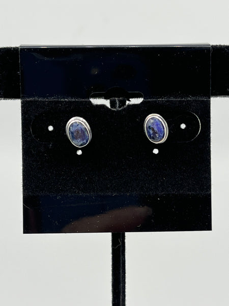 Natural Sapphire Gemstone Faceted Oval Sterling Silver Stud Earrings