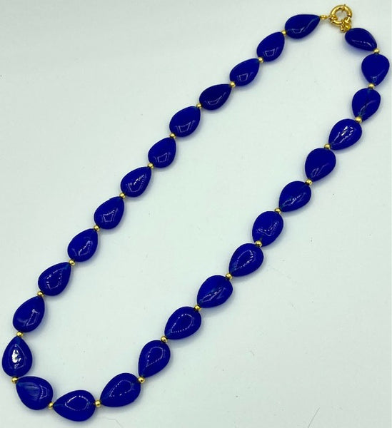 Natural Sapphire Gemstone Puffed Teardrop and Gold Accent Beaded Necklace