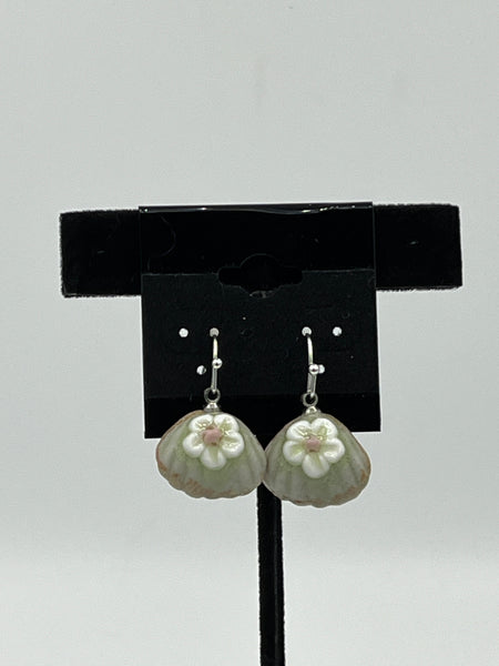 Green Porcelain Seashell with White Flower Sterling Silver Dangle Earrings