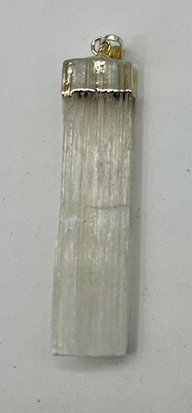 Natural Rough Selenite Gemstone Long Freeform Rectangle Pendant