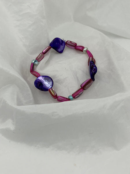 Purple and Blue Blister Shell and Triangular Tubes Beaded Stretch Bracelet