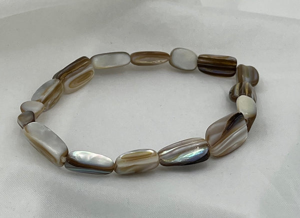 Natural Brown and White Shells Oblong Chips Beaded Stretch Bracelet