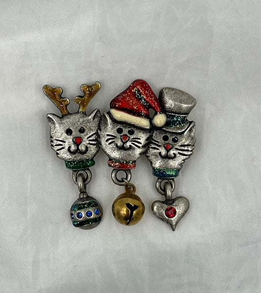 Silvertone Christmas 3 Cats Pin Brooch Pet Lover Gift Stocking Stuffer