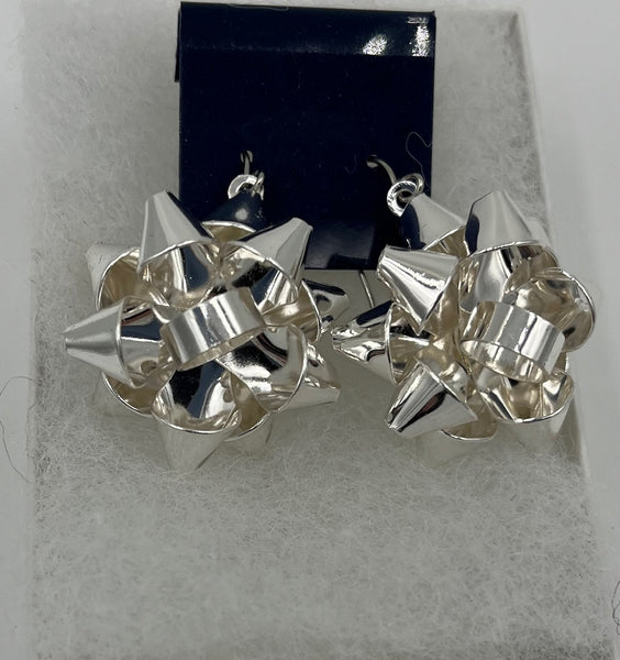 Large Silvertone 3D Christmas Ribbon Bow Charm Dangle Earrings