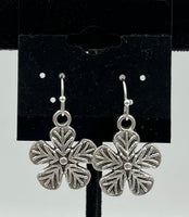 Silvertone 5 Petal Flower Charm Dangle Earrings with Sterling Silver Hooks