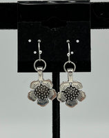 Silvertone 5 Petal Sunflower Charm Dangle Earrings with Sterling Silver Hooks