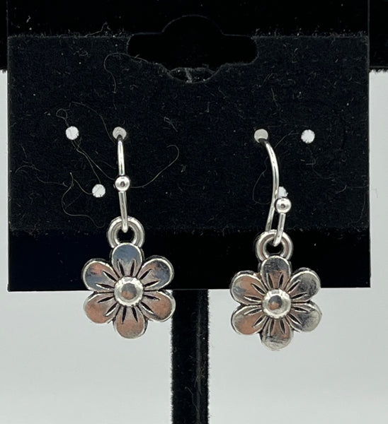 Silvertone 6 Petal Flower Charm Dangle Earrings with Sterling Silver Hooks