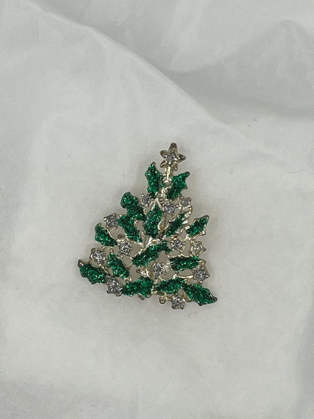 Silver Tone and Green CZ Christmas Tree with Bows Pin Brooch Stocking Stuffer