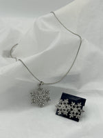 Silvertone & Clear CZ Christmas Winter Snowflake Pendant On Chain & Earrings Set