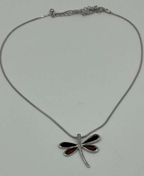 Silvertone and Red Enamel Dragonfly Pendant on Adjustable Chain Necklace