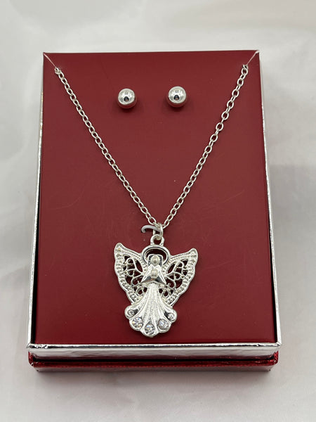 Silvertone Angel Pendant on Adjustable Chain Necklace and Ball Stud Earrings Set