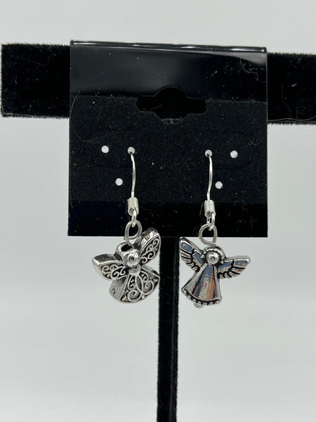 Silvertone 3D Angel Charm Dangle Earrings with Sterling Silver Hooks