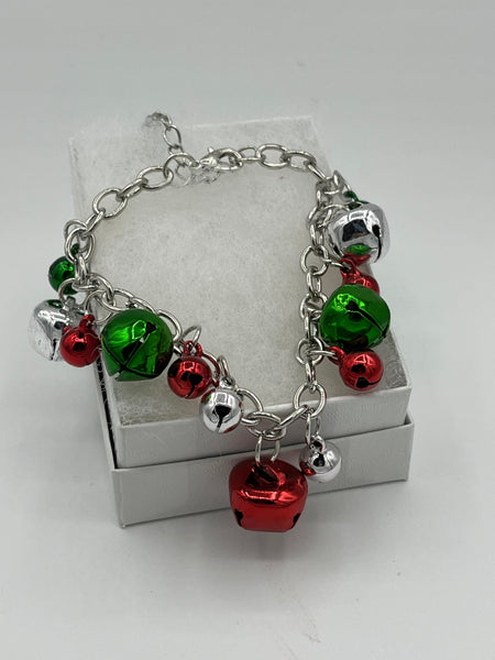 Silvertone Adjustable Bracelet with Red Green and Silver Christmas Jingle Bells