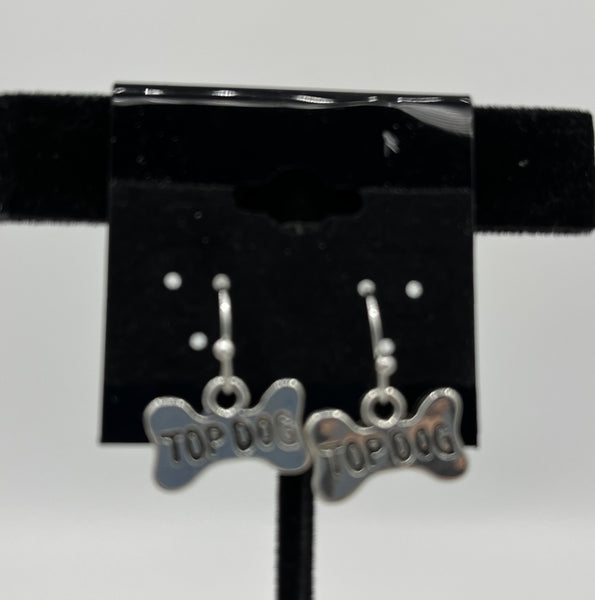 Silvertone Bone with Top Dog Charm Dangle Earrings Sterling Silver Hooks