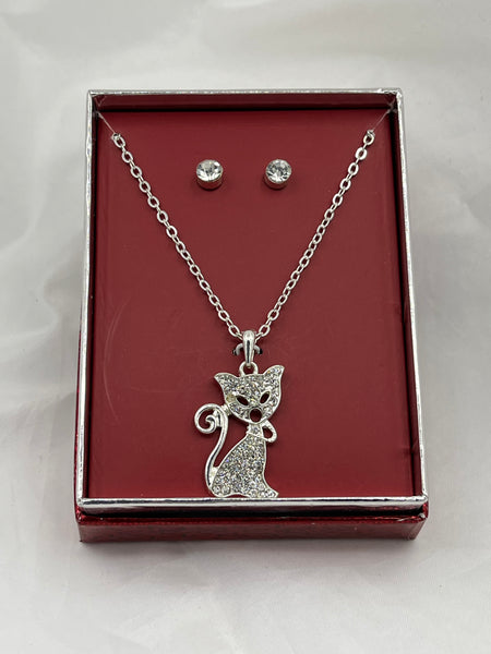 Silvertone Cat Pendant on Adjustable Chain Necklace and CZ Stud Earrings Set